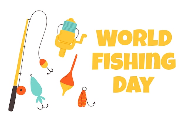 World Fishing Day vector illustration Fishing lettering with float hook tackle and fishing lure flat style