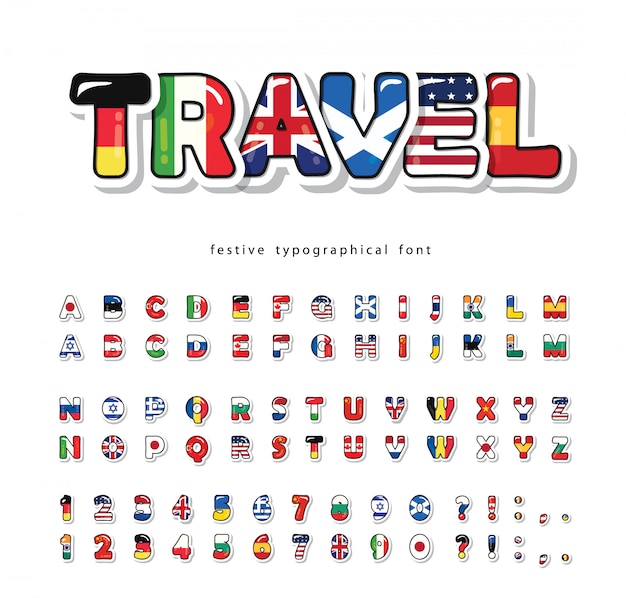 World flags cartoon font. Bright decorative alphabet.