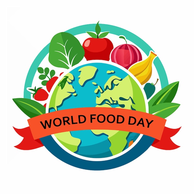 Vector world food day 2024 poster logo and tshirt design globe and fresh fruits and vegetables