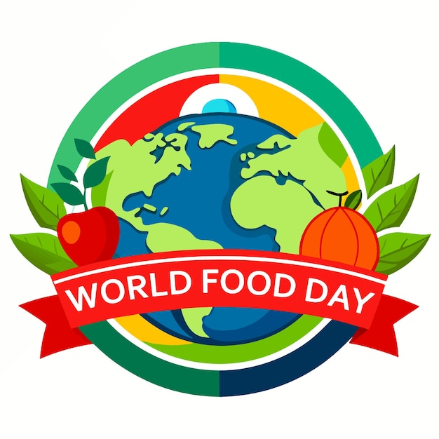 Vector world food day 2024 poster logo and tshirt design globe and fresh fruits and vegetables