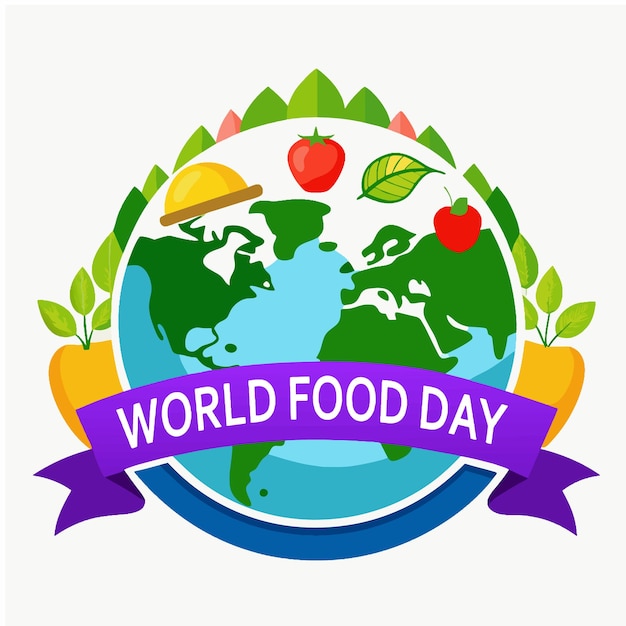 Vector world food day 2024 poster logo and tshirt design globe and fresh fruits and vegetables