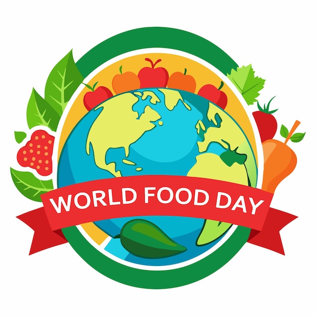 Vector world food day 2024 poster logo and tshirt design globe and fresh fruits and vegetables