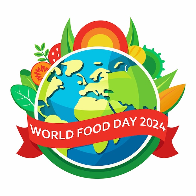 Vector world food day 2024 poster logo and tshirt design globe and fresh fruits and vegetables