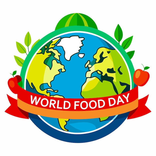 Vector world food day 2024 poster logo and tshirt design globe and fresh fruits and vegetables