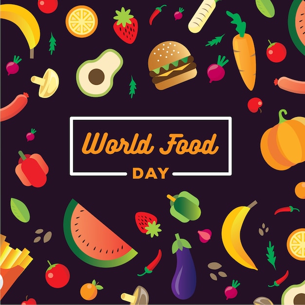 World food day banner with a bunch of food and fruits in basket