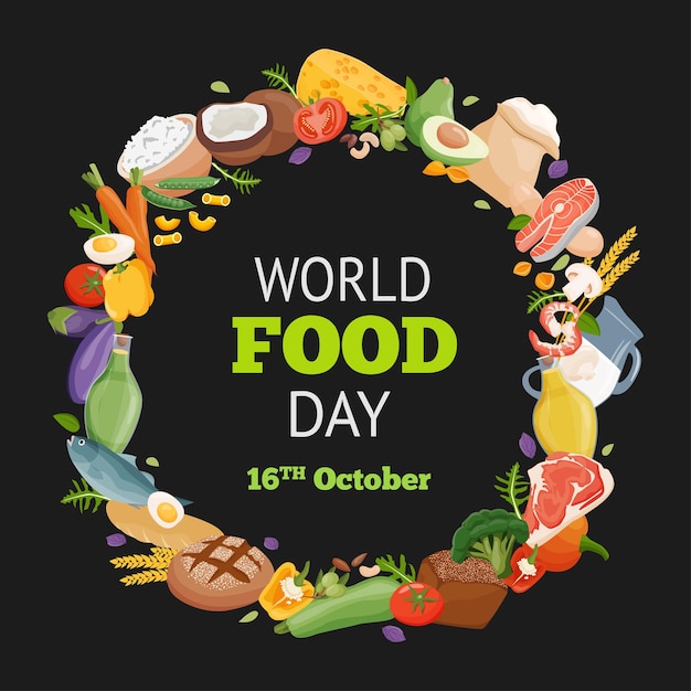 World Food Day Different fresh food on greeting card on black background Vector illustration