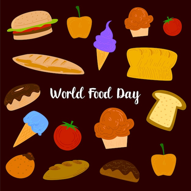 World Food Day With Colorfull Fruits, Meats and Vegetables Elements