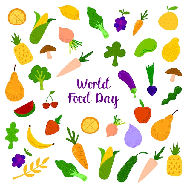 World Food Day With Colorfull Fruits, Meats and Vegetables Elements