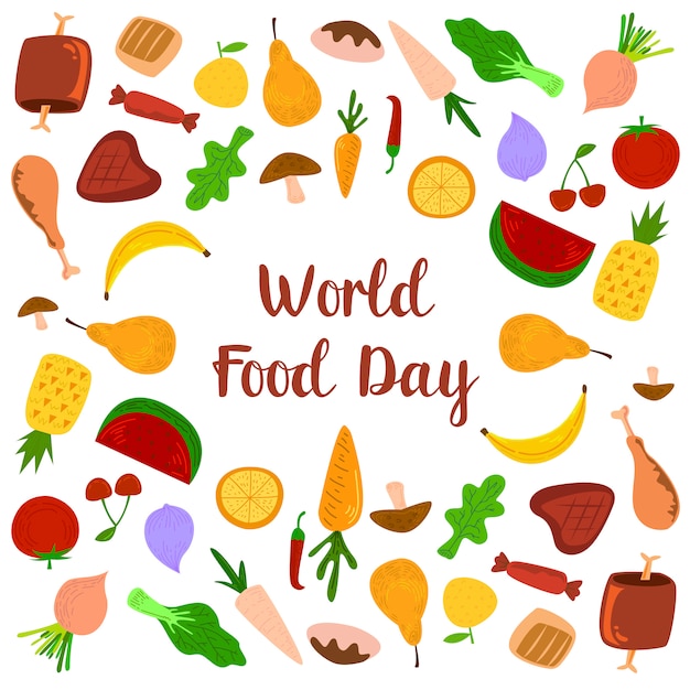 World Food Day With Colorfull Fruits, Meats and Vegetables Elements