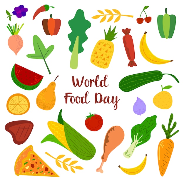 World Food Day With Colorfull Fruits, Meats and Vegetables Elements