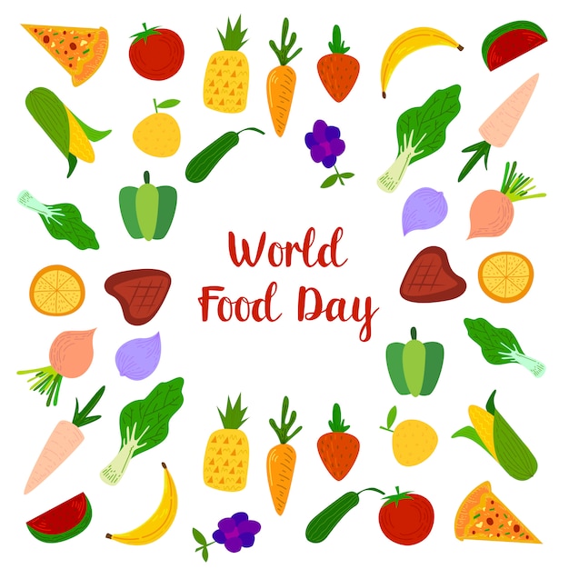 World Food Day With Colorfull Fruits, Meats and Vegetables Elements