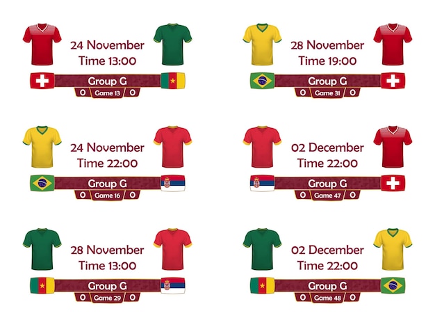 World football tournament group 2022 Schedule match with national flags and tshirts countries in soccer world championship