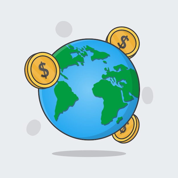 World Globe With Cash Money Cartoon Vector Illustration Global Financial Concept Flat Icon Outline