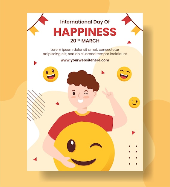 World Happiness Day Vertical Poster with Smiling Face Flat Cartoon Hand Drawn Templates Illustration