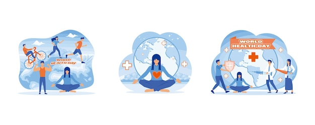 Vector world health day 7 april women celebrate world health day with yoga healthcare and life insurance concept set flat vector modern illustration