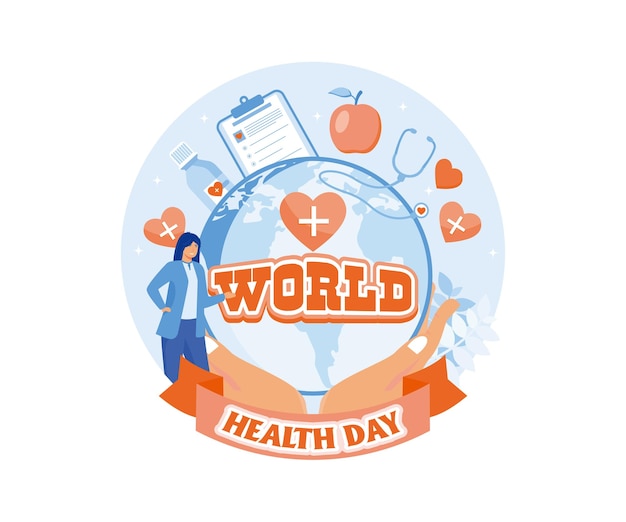 World Health Day on April 7th with Earth and Medical Equipment for the Importance of Healthy and Lifestyle flat vector modern illustration