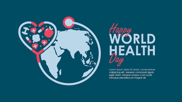 World health day banner with stethoscope and world map illustration