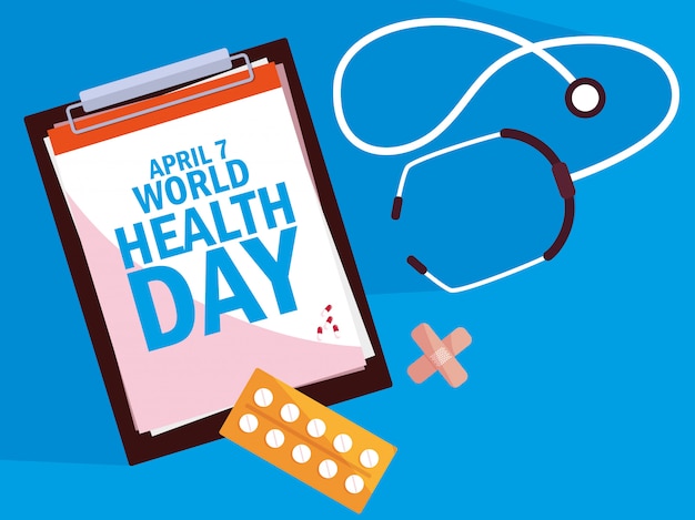 World health day card with clipboard and set icons