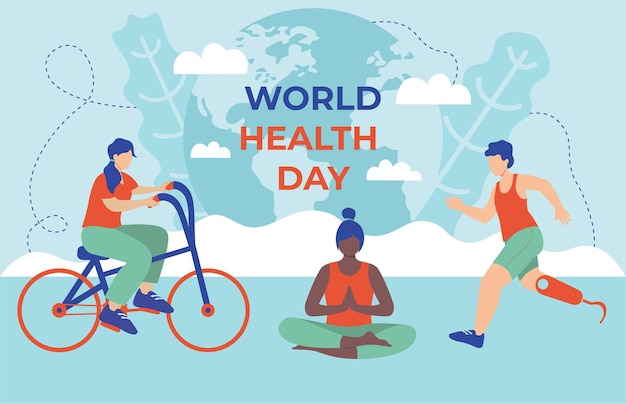 world health day concept with yoga bicycle and runner with prosthetic vector illustration in flat st