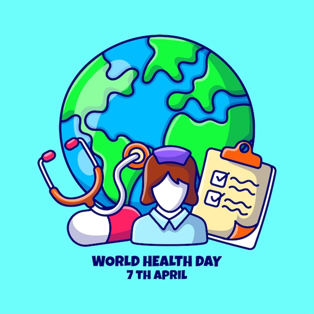 World Health day doodle with globe nurse and medical elements illustration