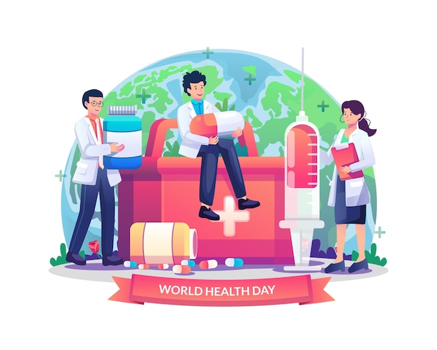 World Health Day illustration concept with Group of doctors bring health medicine and pills vector illustration Flat style vector illustration