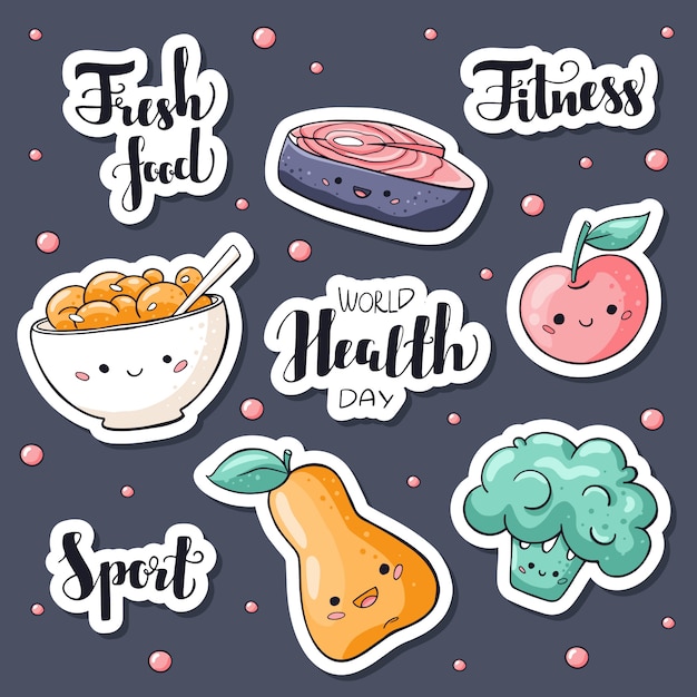 World health day stickers pack with fresh food and lettering