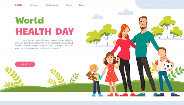 World health day. Website page with happy family. Active lifestyle, wholesome nutrition and sports.