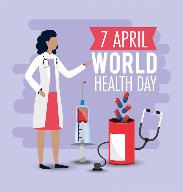 World health day with woman doctor and pills