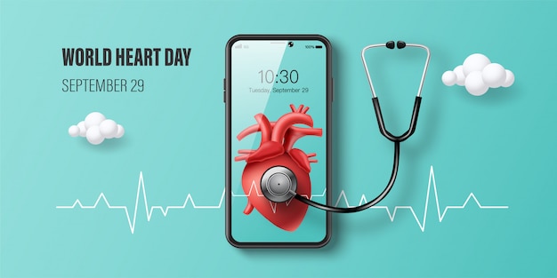 World Heart Day banner, red heart on smartphone screen, doctor consultation online and health insurance concept.