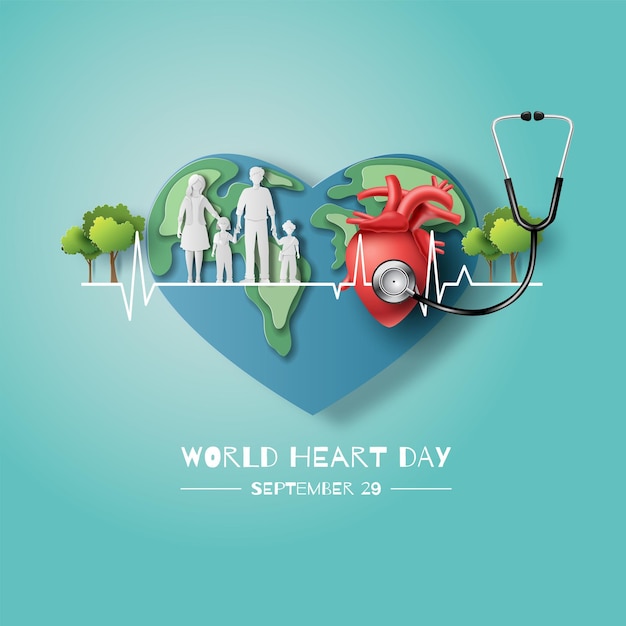 World Heart Day concept a family holding hands standing on heartbeat line together with earth and heart