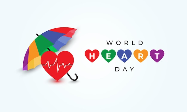 World heart day social media banner background concept with a red heart and colorful umbrella