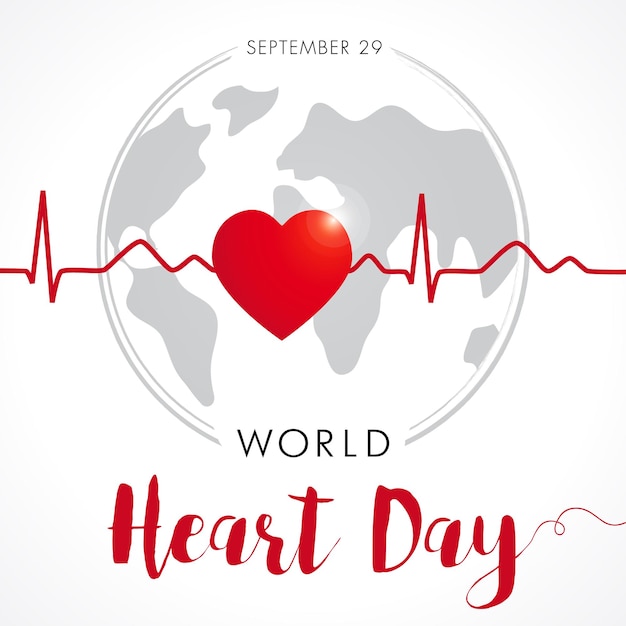 World Heart day with earth and pulse trace. Creative heart 3D logo, flat globe, vector illustration.