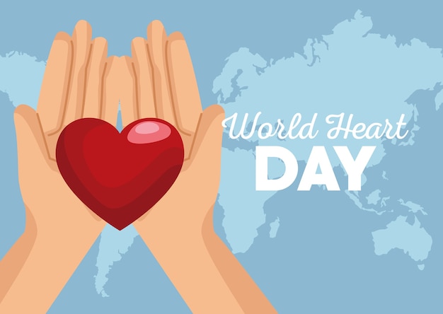 World heart day with hands lifting heart and earth maps.