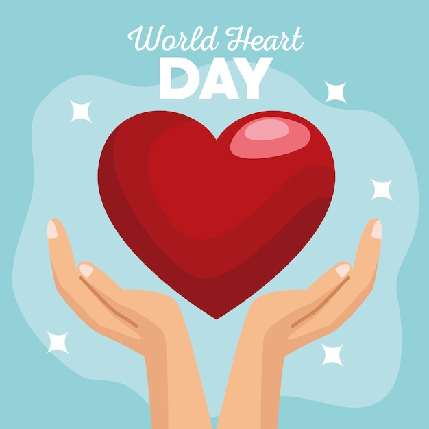 World heart day with hands protecting heart in blue background.