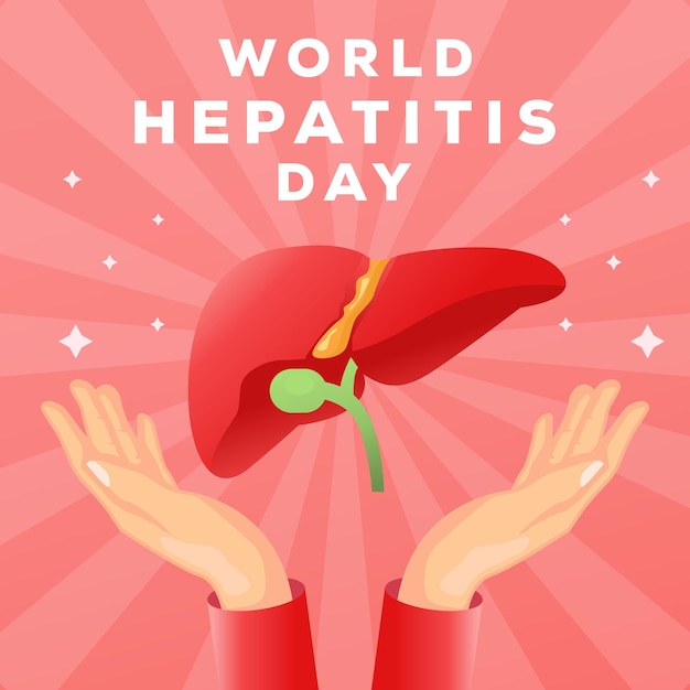 World hepatitis day illustration with human liver and hands