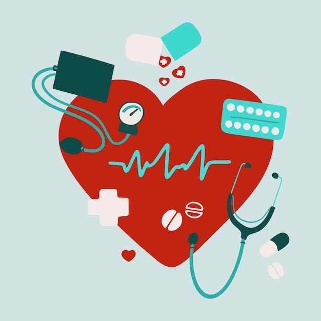 World Hypertension day illustration illustration with heart symbol with heart beat and pills