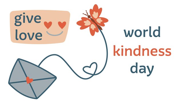 Vector world kindness day sticker concept of kindness love thanks hope and joy includes phrases and illustrations