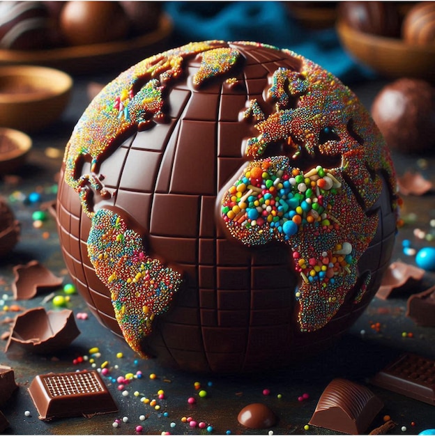 Vector a world made of chocolate is shown with a world map on the bottom