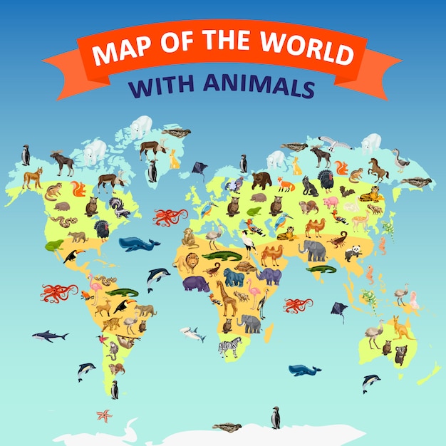 World map animal concept background. Cartoon illustration of world map animal vector concept background