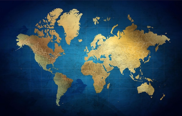 World Map Background in Navy Blue and Gold