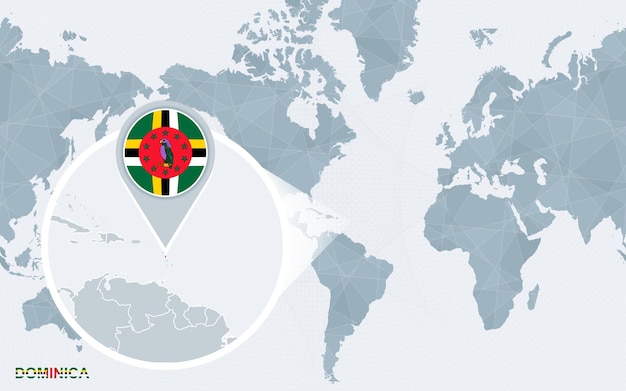 World map centered on America with magnified Dominica