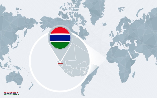 World map centered on America with magnified Gambia