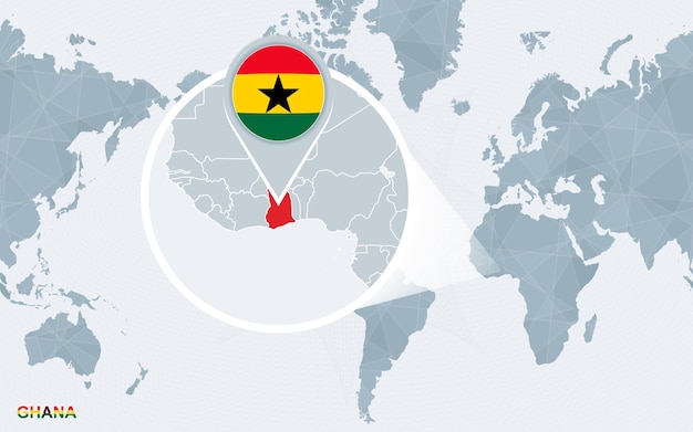 World map centered on America with magnified Ghana