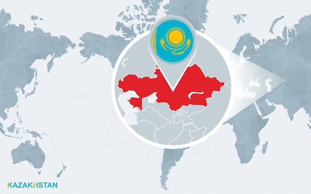 World map centered on America with magnified Kazakhstan