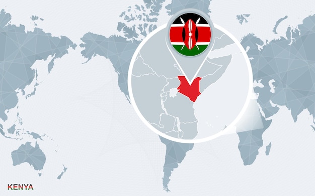 World map centered on America with magnified Kenya