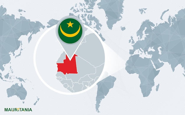 World map centered on America with magnified Mauritania