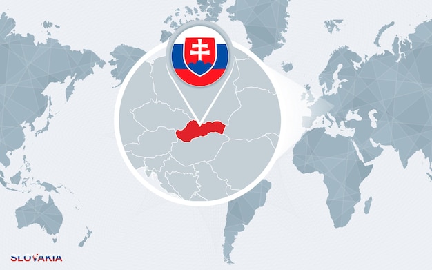 World map centered on America with magnified Slovakia