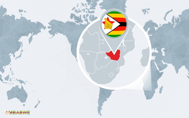 World map centered on America with magnified Zimbabwe