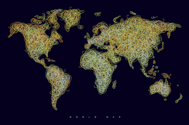 World map drawing with tangled orange and yellow lines on black background