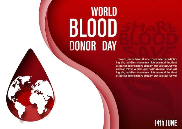 World map in a droplet with wording of blood donor day on abstract shape in paper cut style and example texts on red gradient background Poster's campaign of world blood donor day in vector design